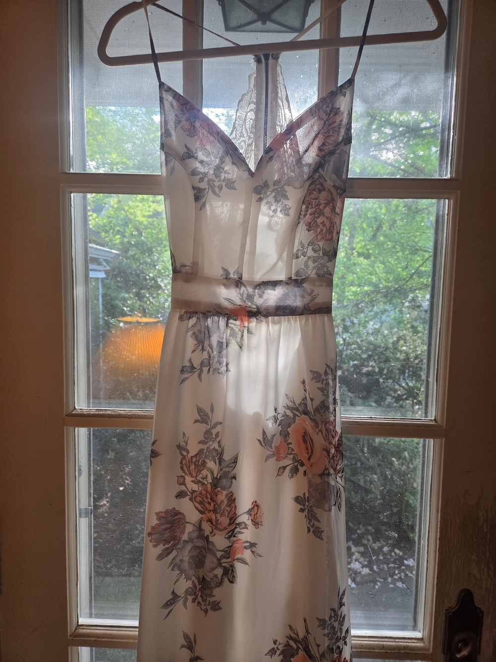 Rue21 White Maxi Dress with Pink and Gray Floral Print